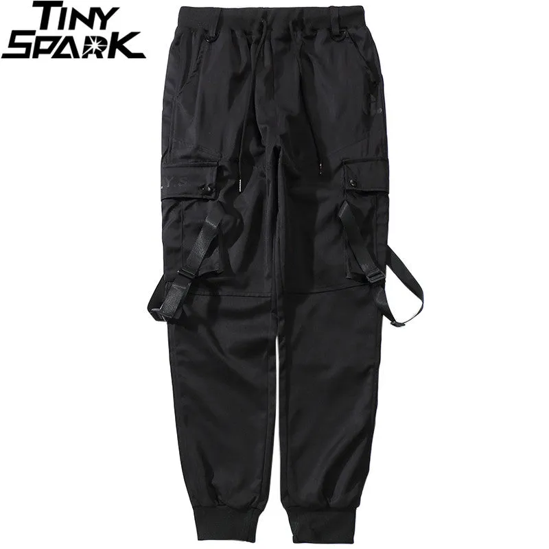 2023 Hip Hop Streetwear Cargo Pants Pocket Men Harajuku Harem Pant Swag Ribbon Joggers Pants Black H