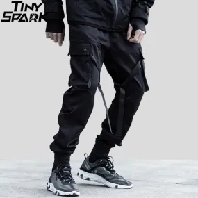 2023 Hip Hop Streetwear Cargo Pants Pocket Men Harajuku Harem Pant Swag Ribbon Joggers Pants Black H