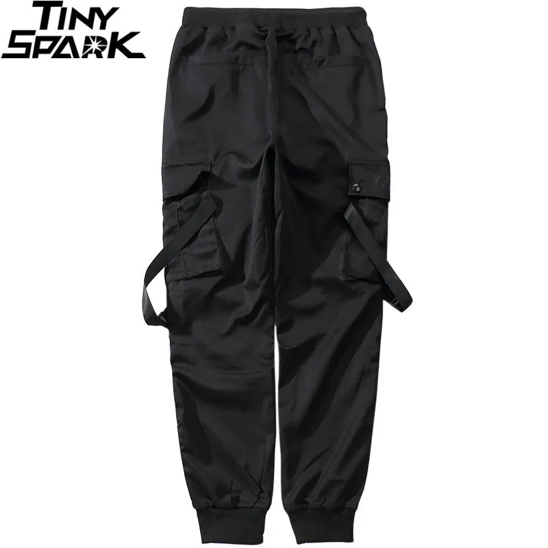 2023 Hip Hop Streetwear Cargo Pants Pocket Men Harajuku Harem Pant Swag Ribbon Joggers Pants Black H