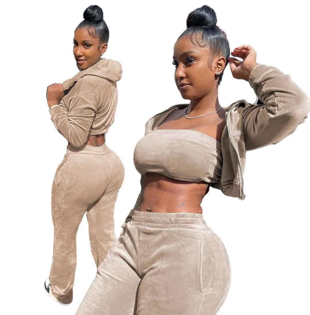 3pcs Women Wholesale Sets Short Hoodies Crop Top Pants