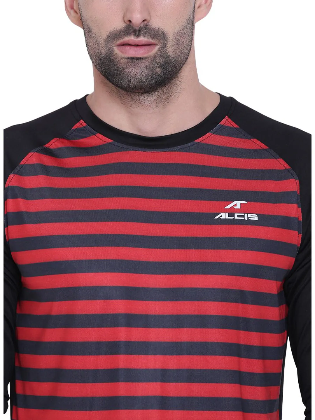 Alcis Men Black Striped Round Neck T-shirt 108MTE129