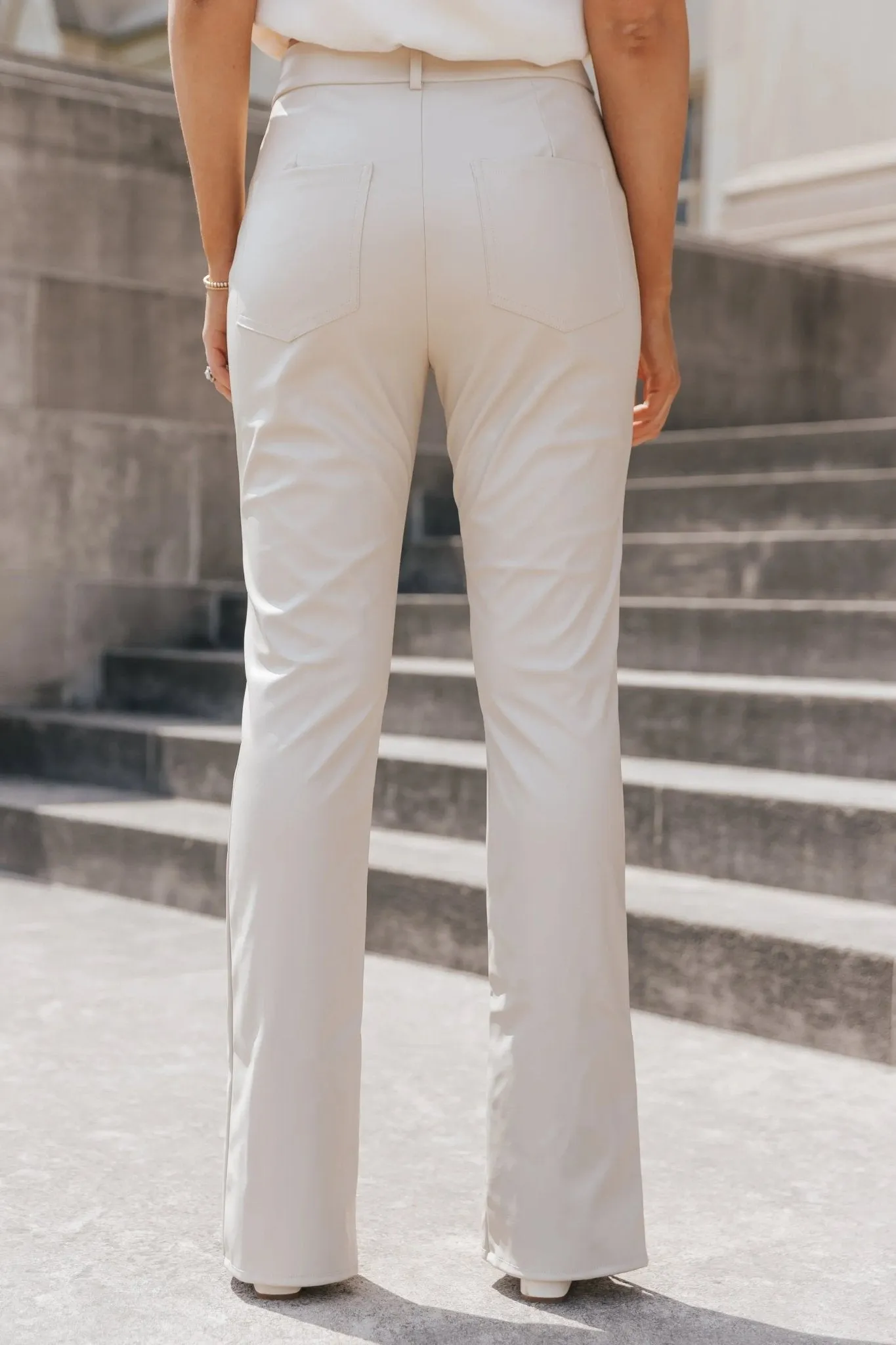 Aniston Cream Faux Leather Split Hem Pants - Final Sale