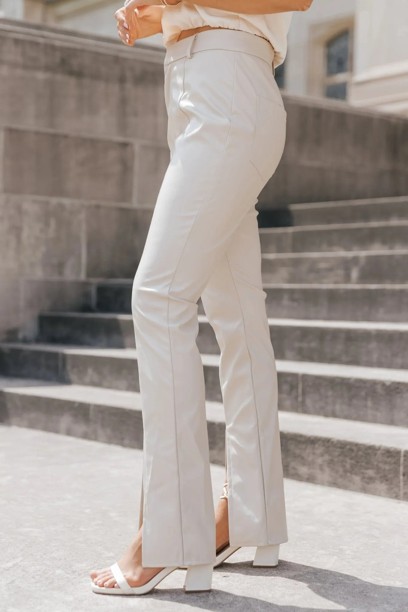 Aniston Cream Faux Leather Split Hem Pants - Final Sale