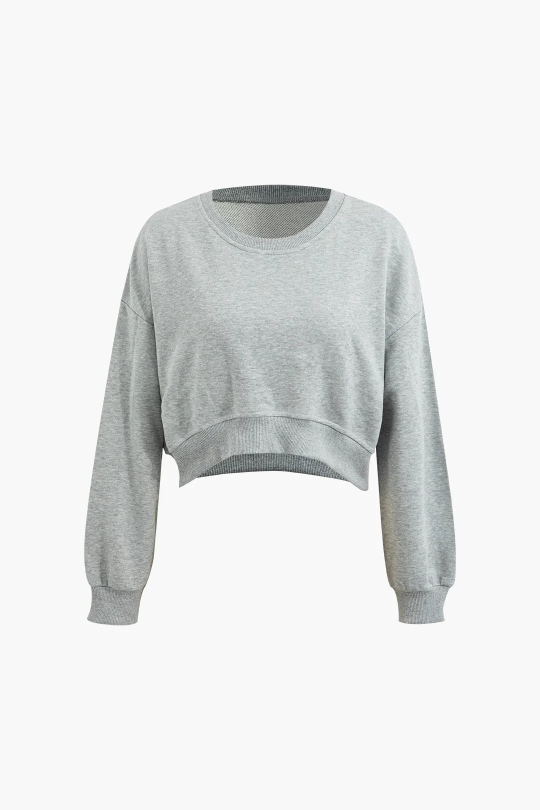 Basic Ribbed Trim Round Neck Long Sleeve Crop Sweatshirt