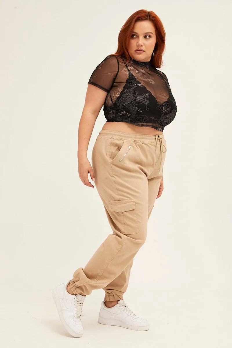 Beige Cargo Pants Mid Rise Out Pocket