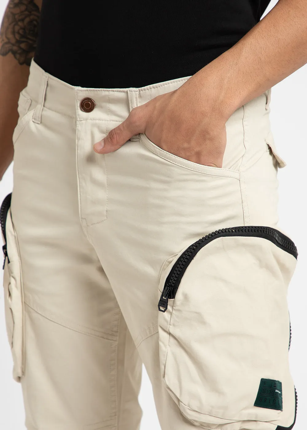 Beige Zipper Cargo Pant