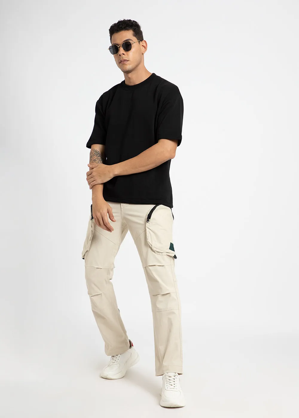 Beige Zipper Cargo Pant