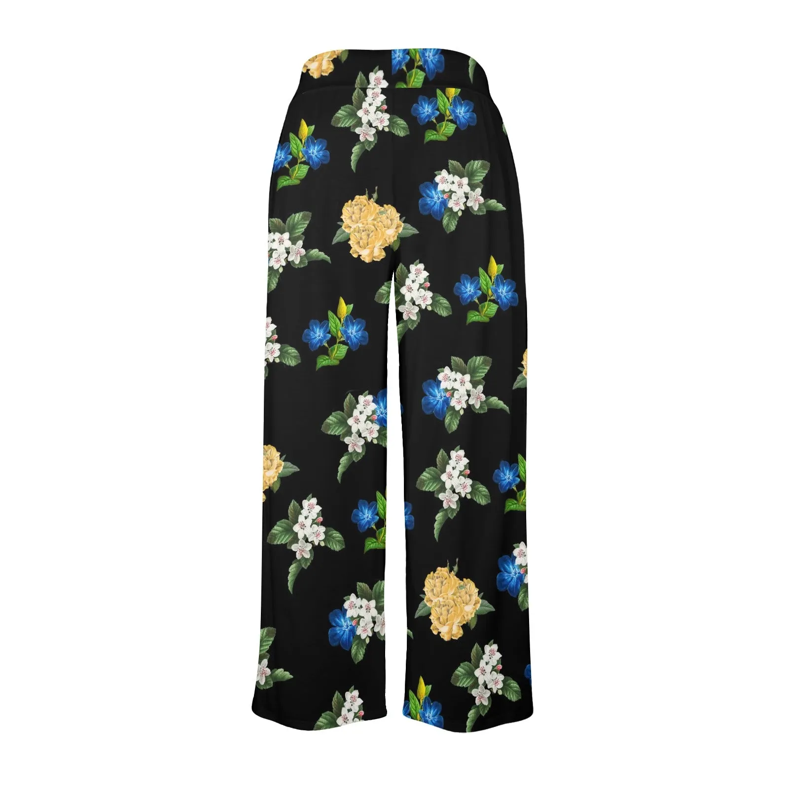 black back med size blue gold white floral print Women's Wide Leg Lounge Pants (Model L77)