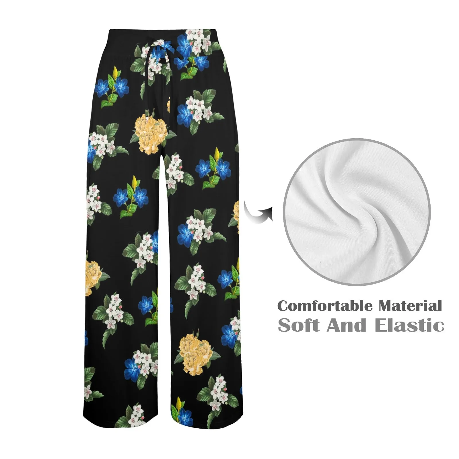 black back med size blue gold white floral print Women's Wide Leg Lounge Pants (Model L77)