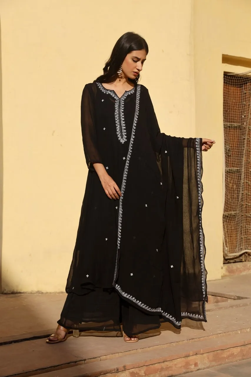 Black georgette white dot anarkali set