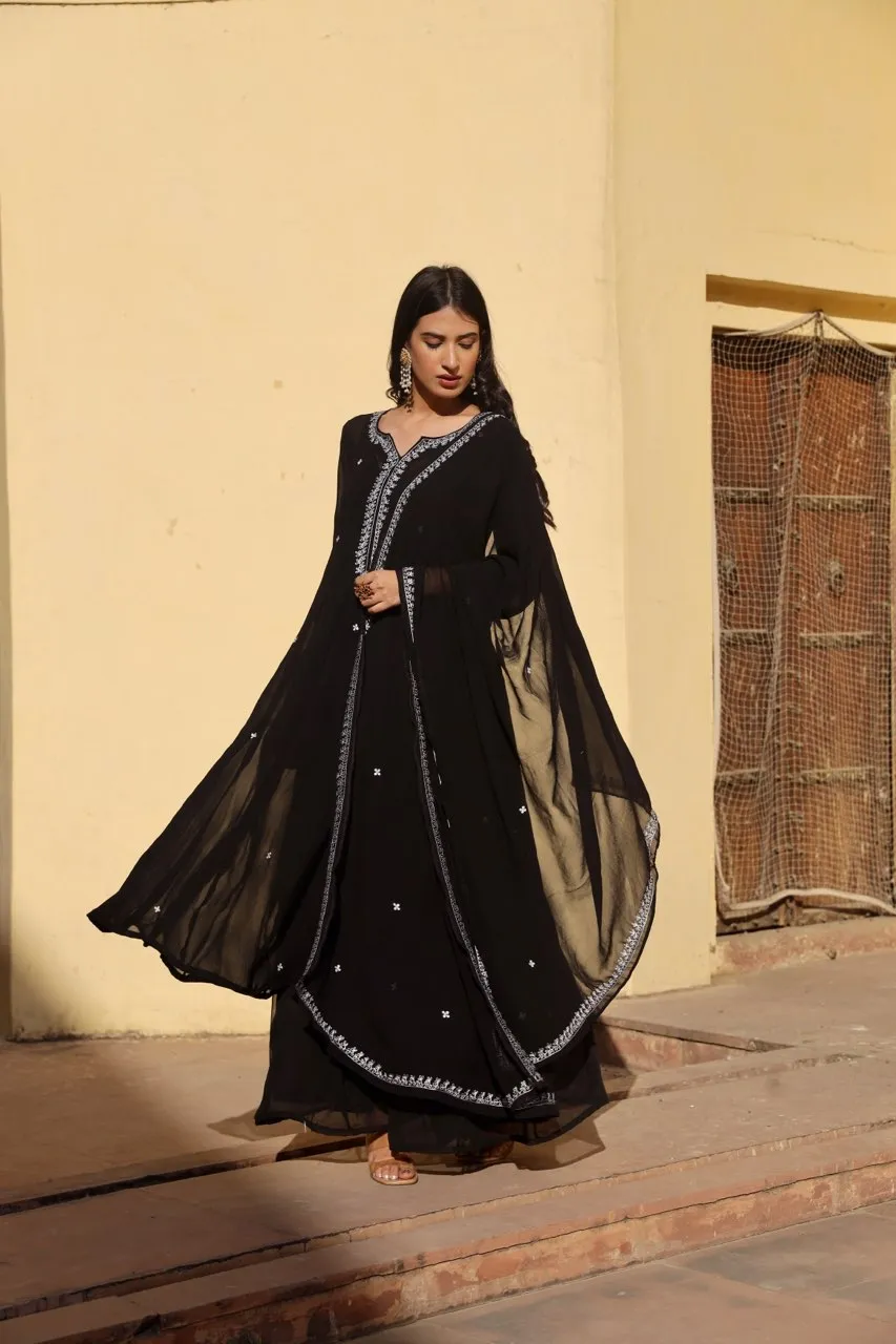 Black georgette white dot anarkali set