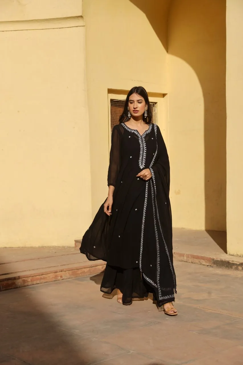 Black georgette white dot anarkali set