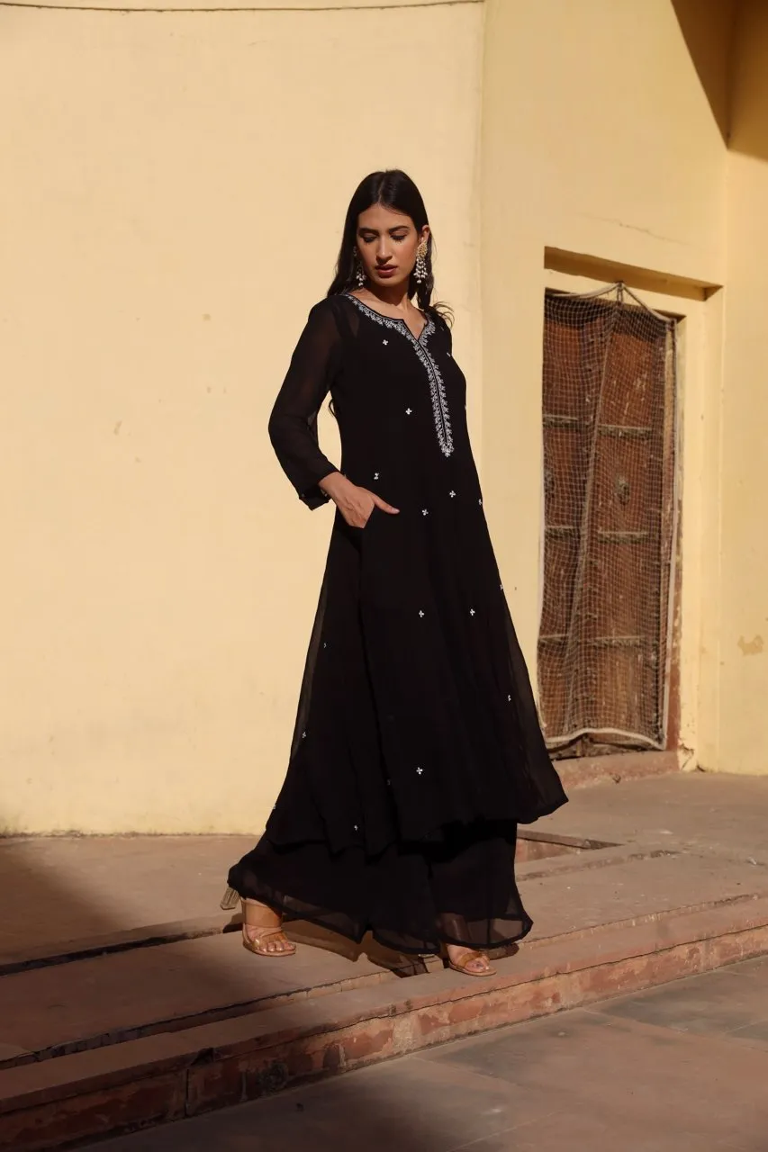 Black georgette white dot anarkali set