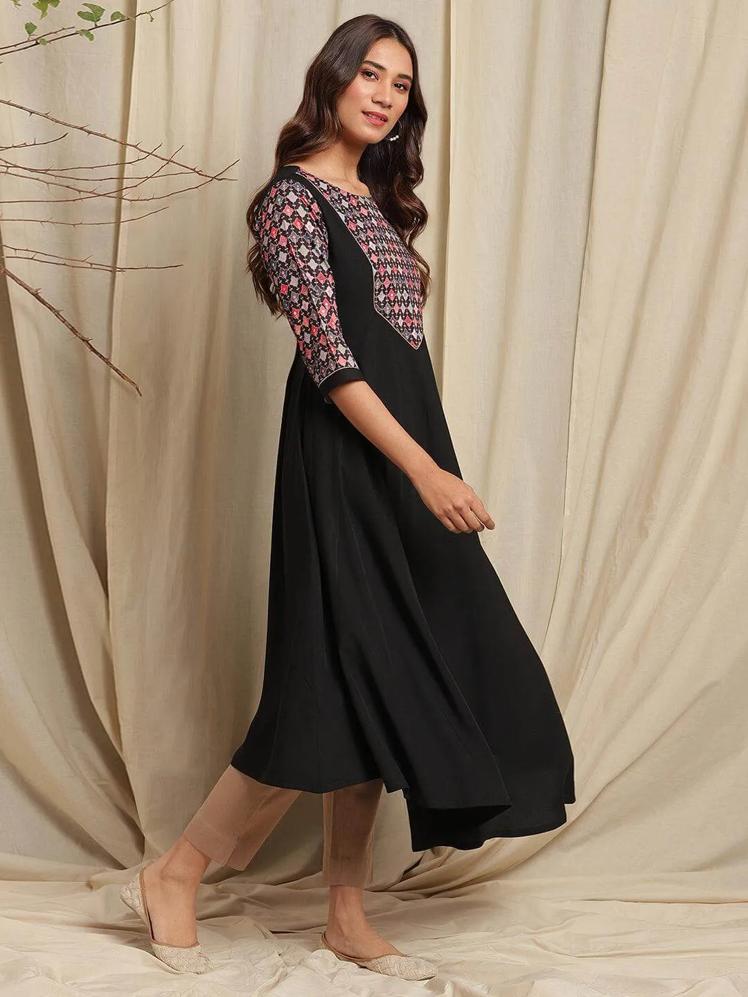 Black Poly Crepe Digital Print High Low Kurta