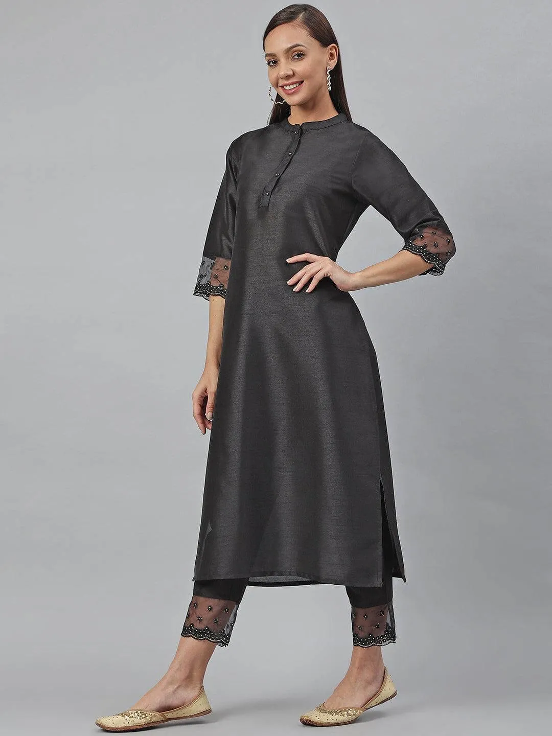 Black Poly Silk Solid Kurta with Pant