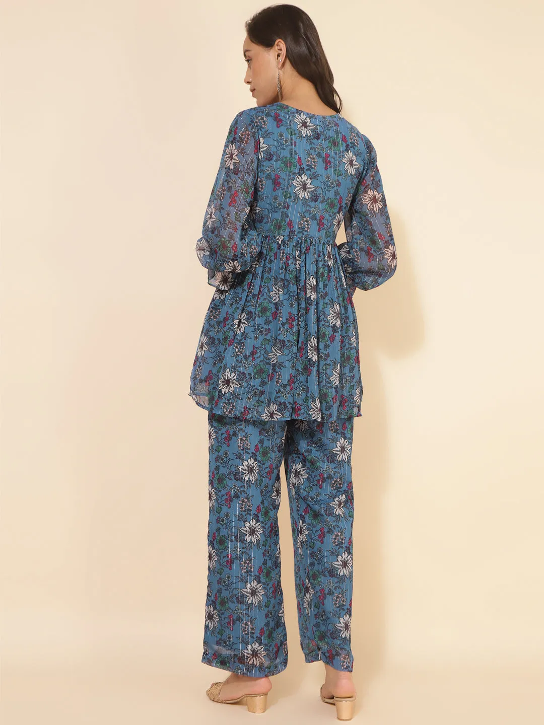 Blue Chiffon Lurex Floral Printed Top with Pant