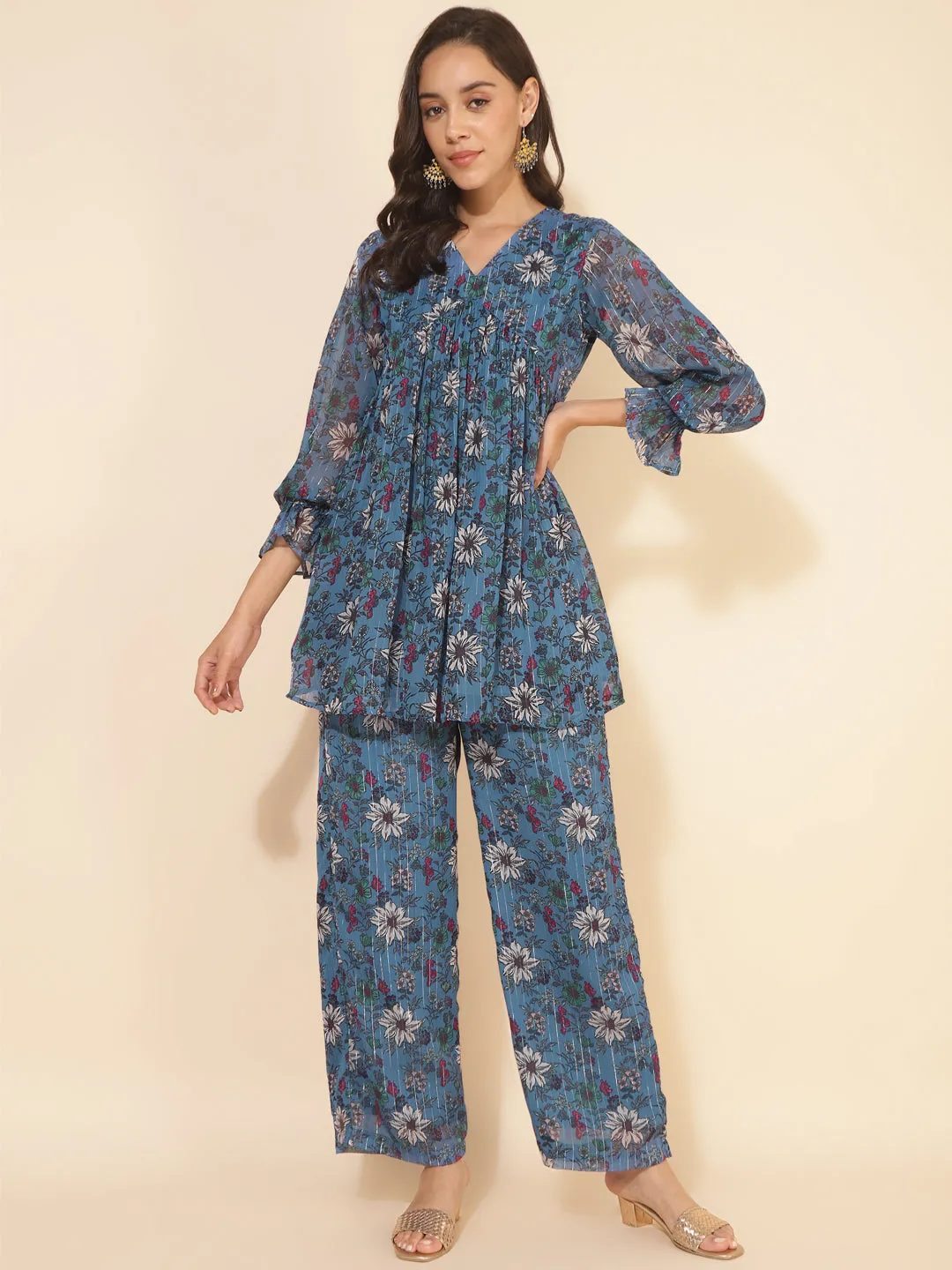 Blue Chiffon Lurex Floral Printed Top with Pant