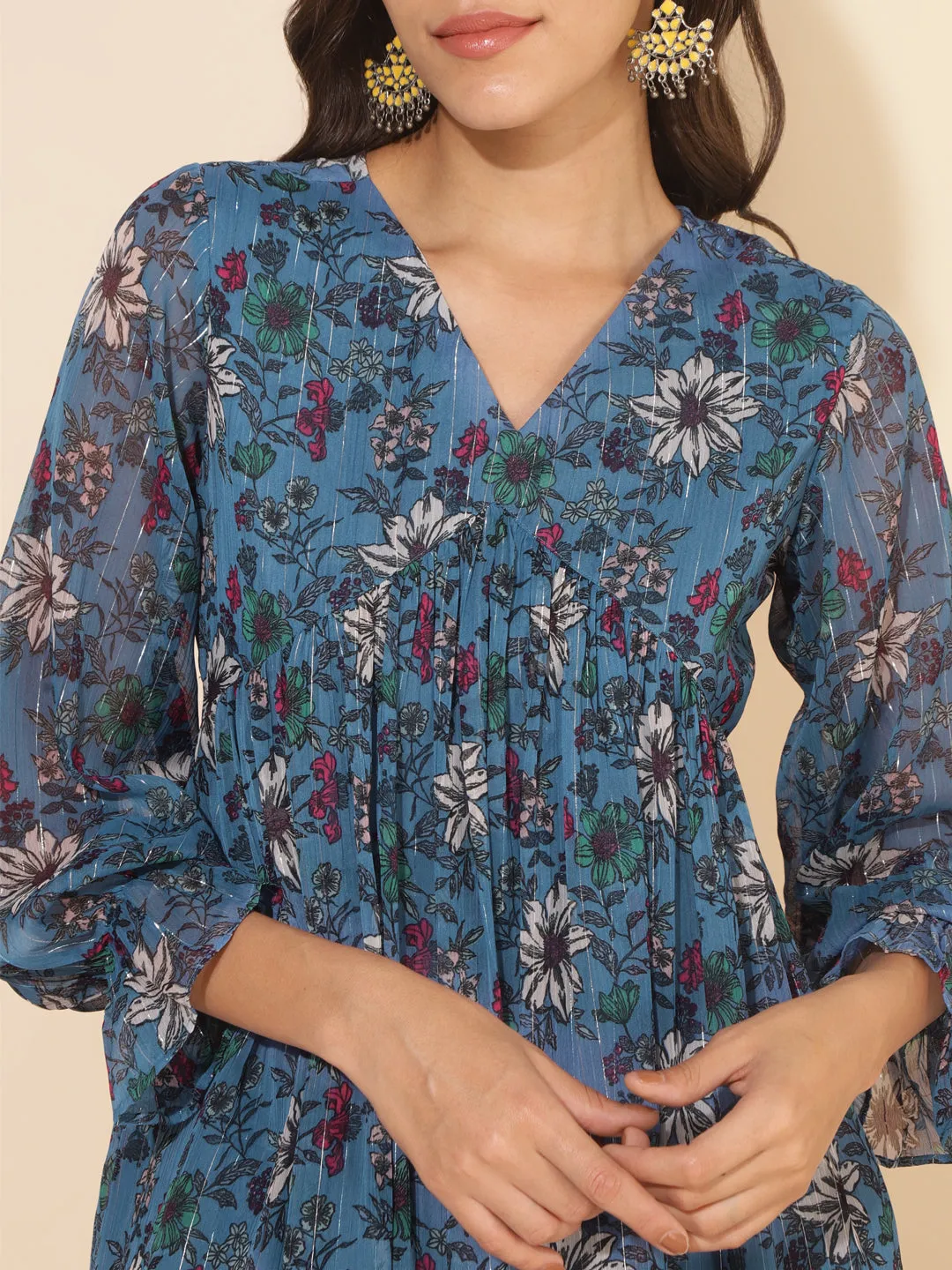 Blue Chiffon Lurex Floral Printed Top with Pant