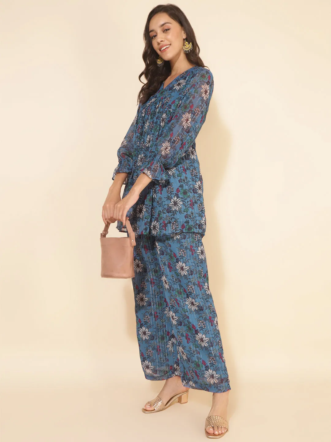 Blue Chiffon Lurex Floral Printed Top with Pant