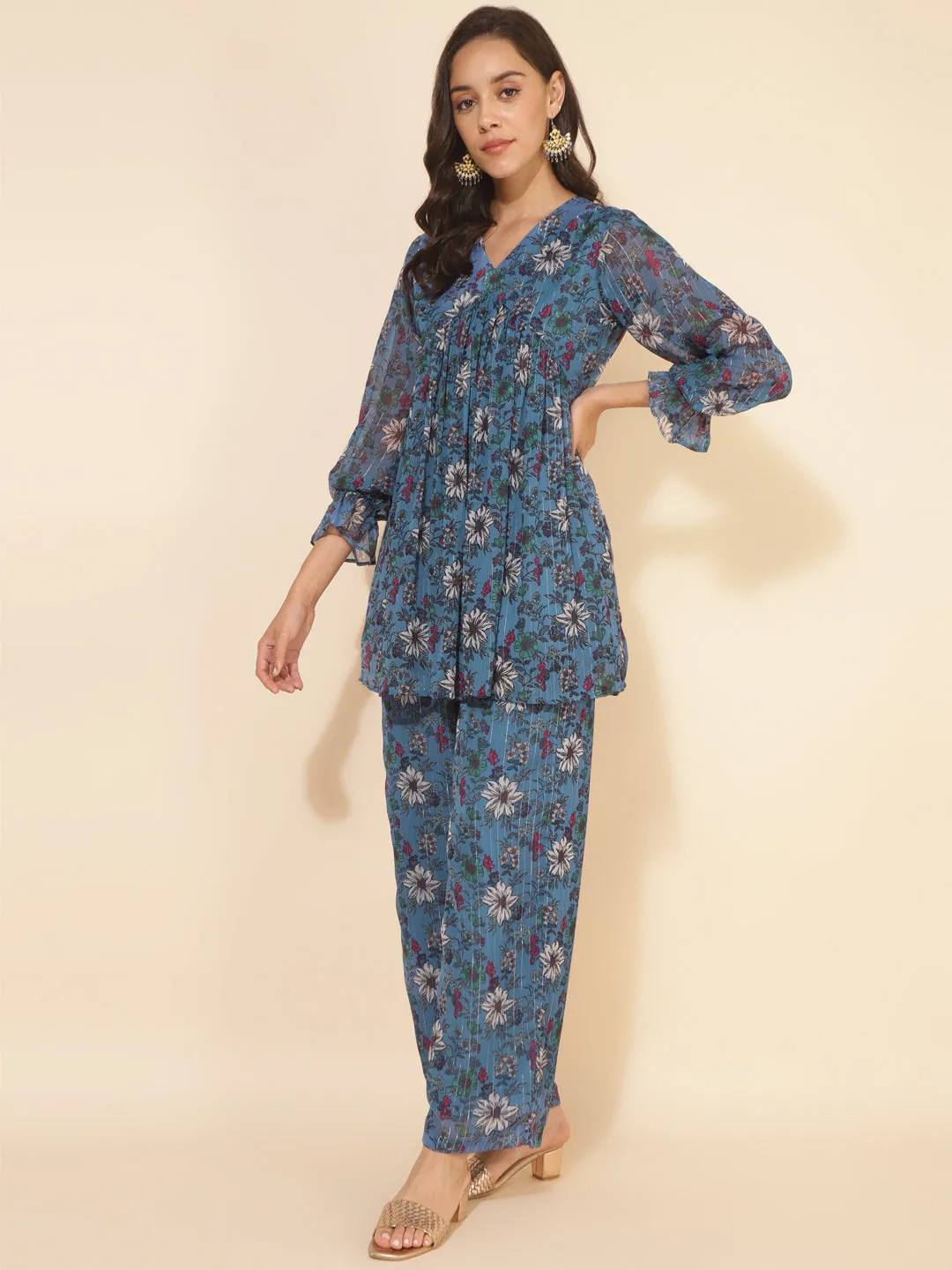 Blue Chiffon Lurex Floral Printed Top with Pant