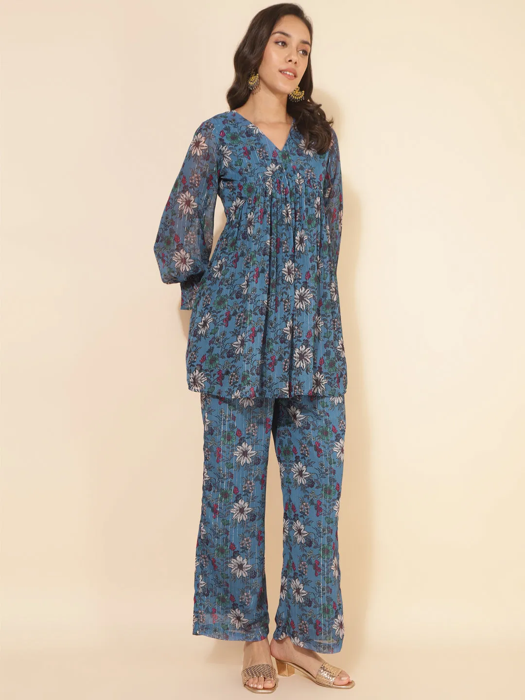 Blue Chiffon Lurex Floral Printed Top with Pant