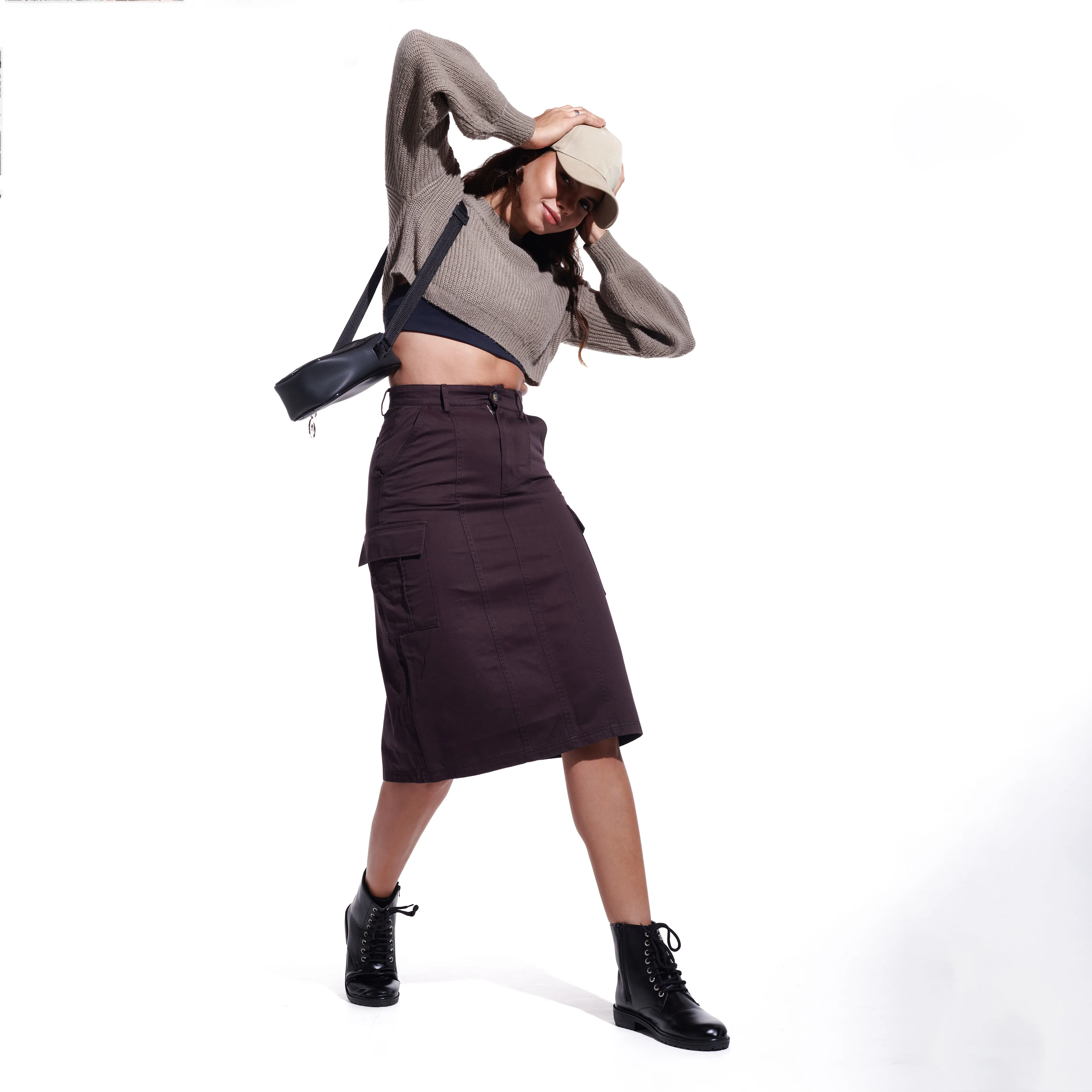 Brown Denim Cargo Skirt