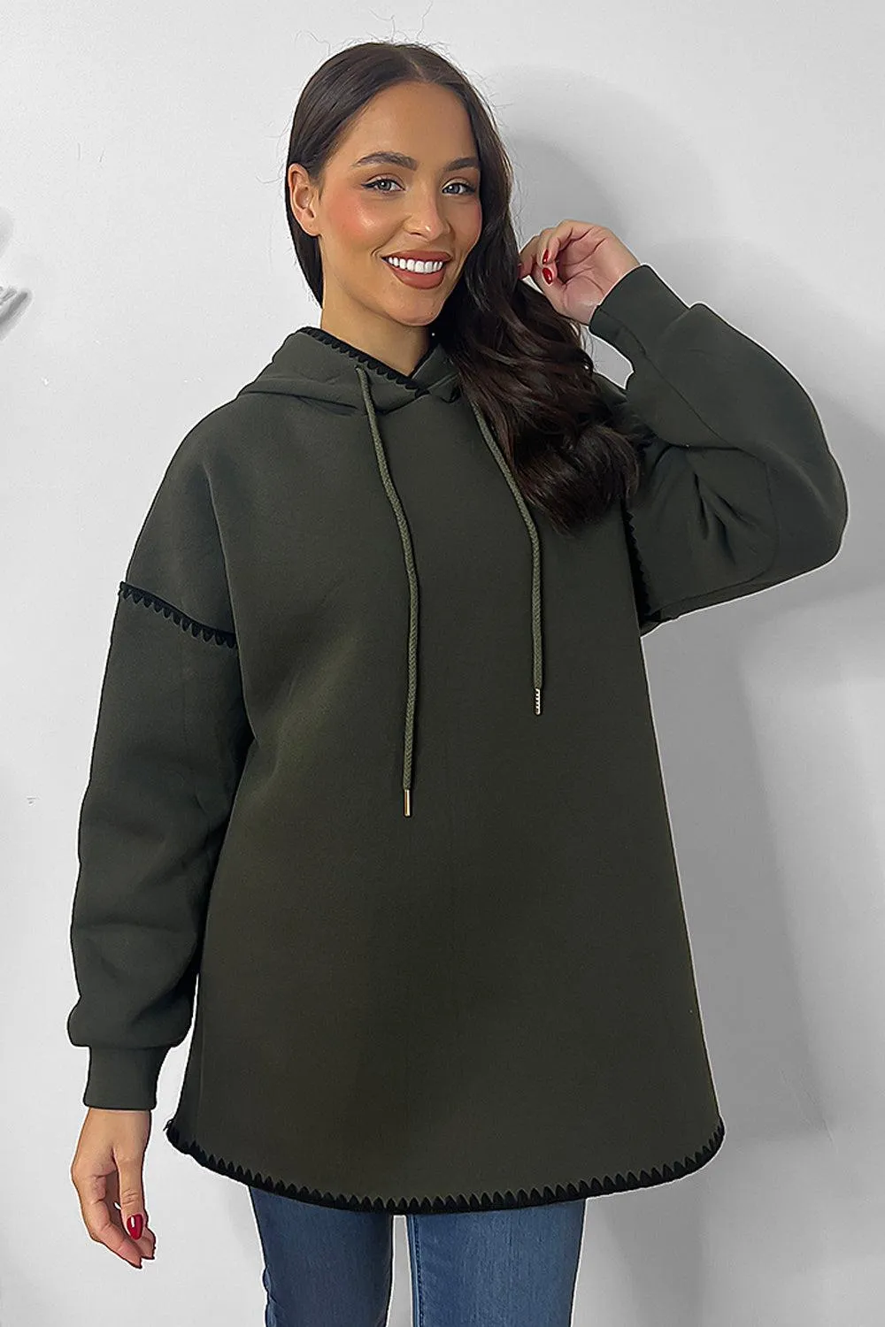 Contrast Stitch Trim Oversized Fleece Hoodie