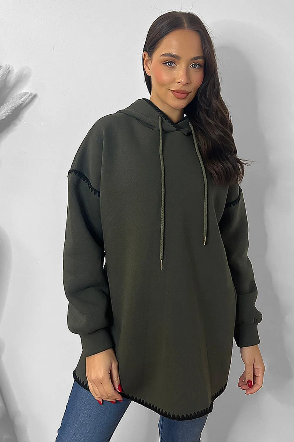 Contrast Stitch Trim Oversized Fleece Hoodie