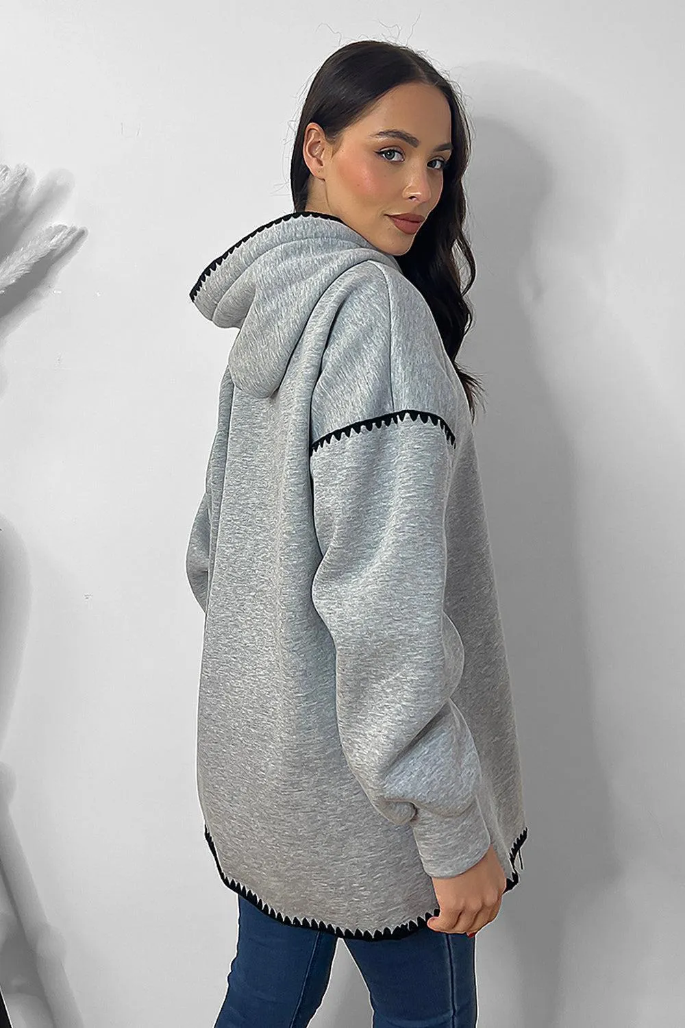 Contrast Stitch Trim Oversized Fleece Hoodie