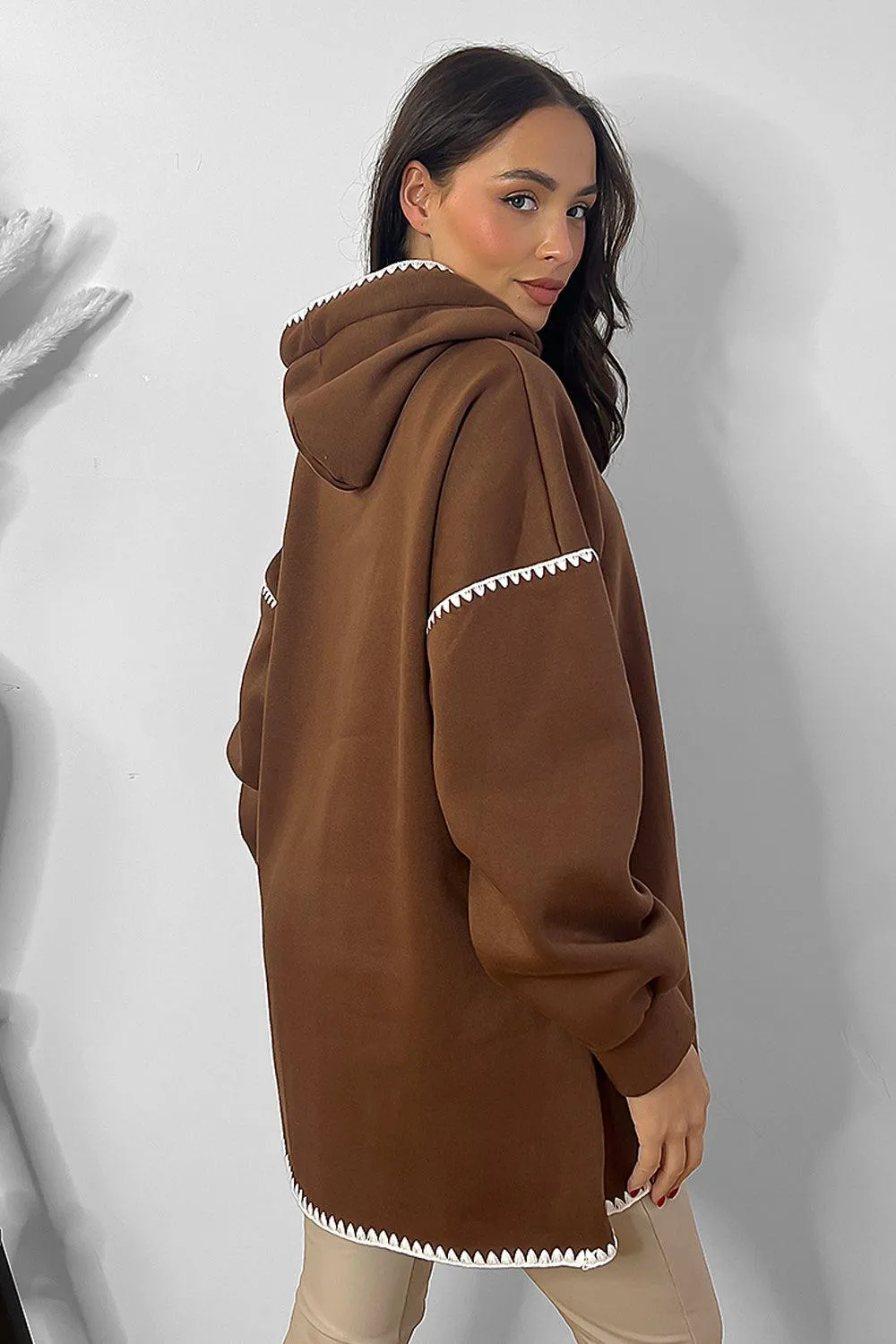 Contrast Stitch Trim Oversized Fleece Hoodie