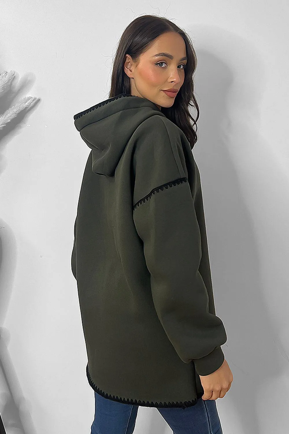 Contrast Stitch Trim Oversized Fleece Hoodie