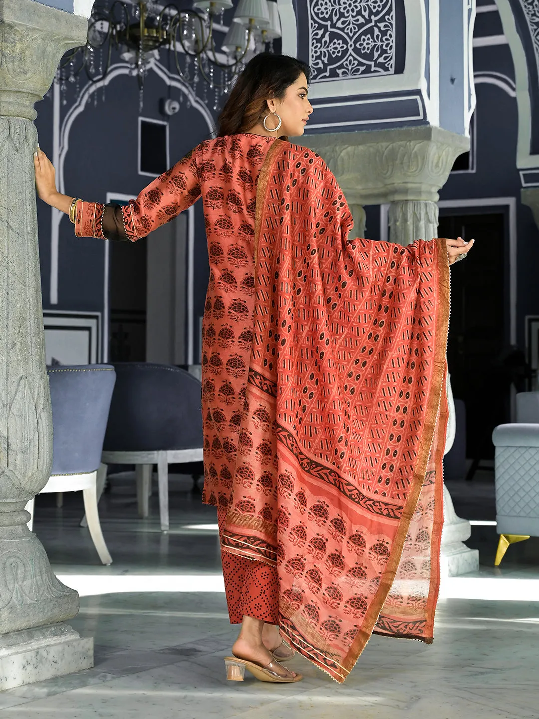 Divena Maroon Ethnic Printed Chanderi Silk Kurta Set with Maheshwari Silk Dupatta