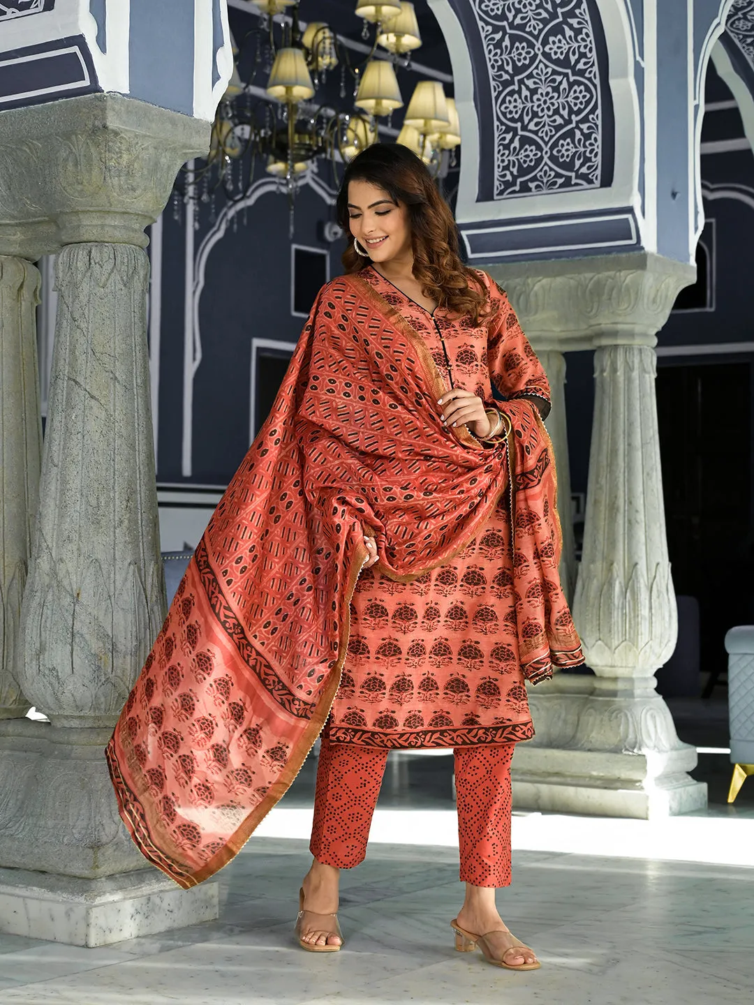 Divena Maroon Ethnic Printed Chanderi Silk Kurta Set with Maheshwari Silk Dupatta