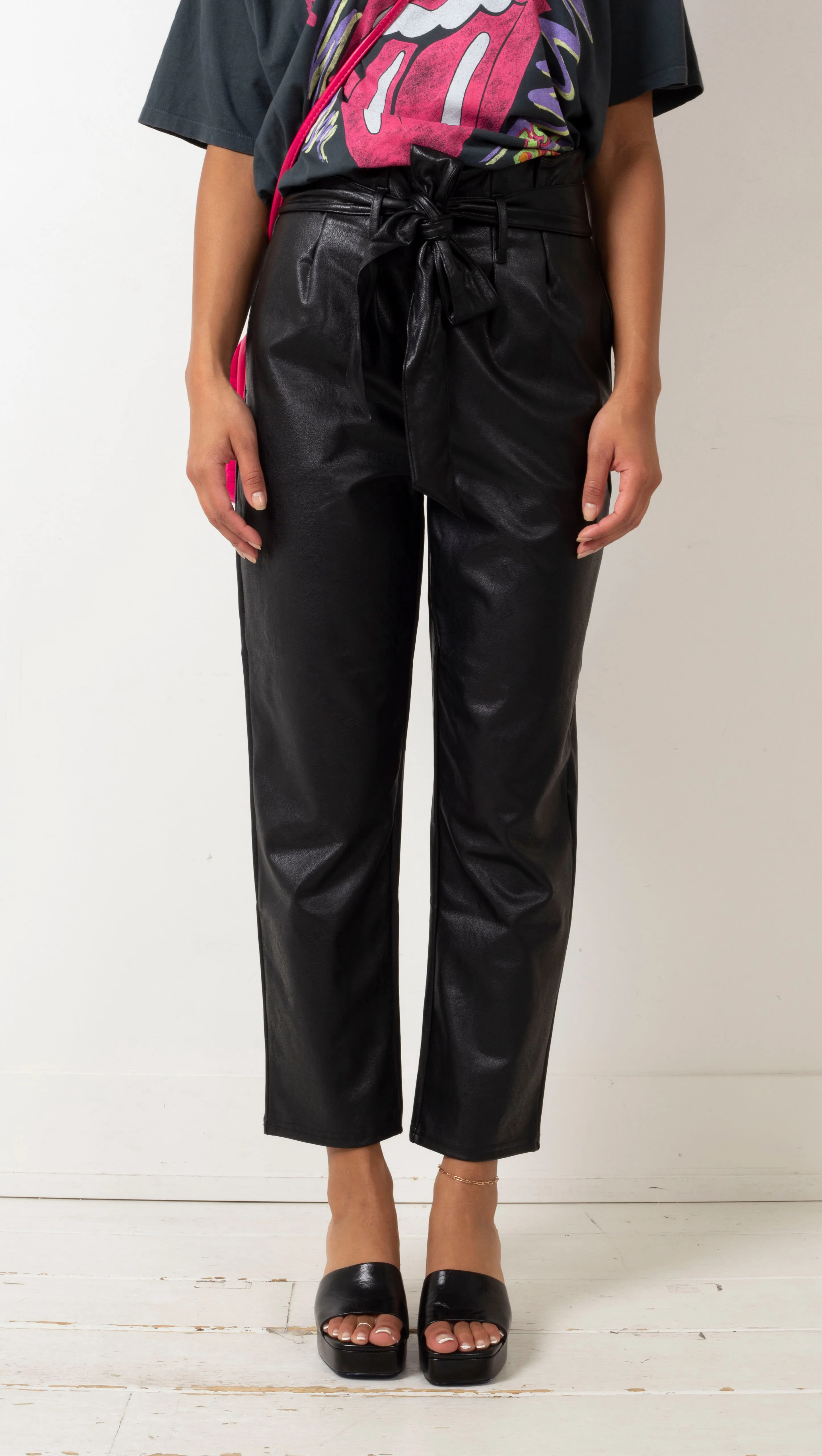 Faux Leather Paperbag Pant - Black