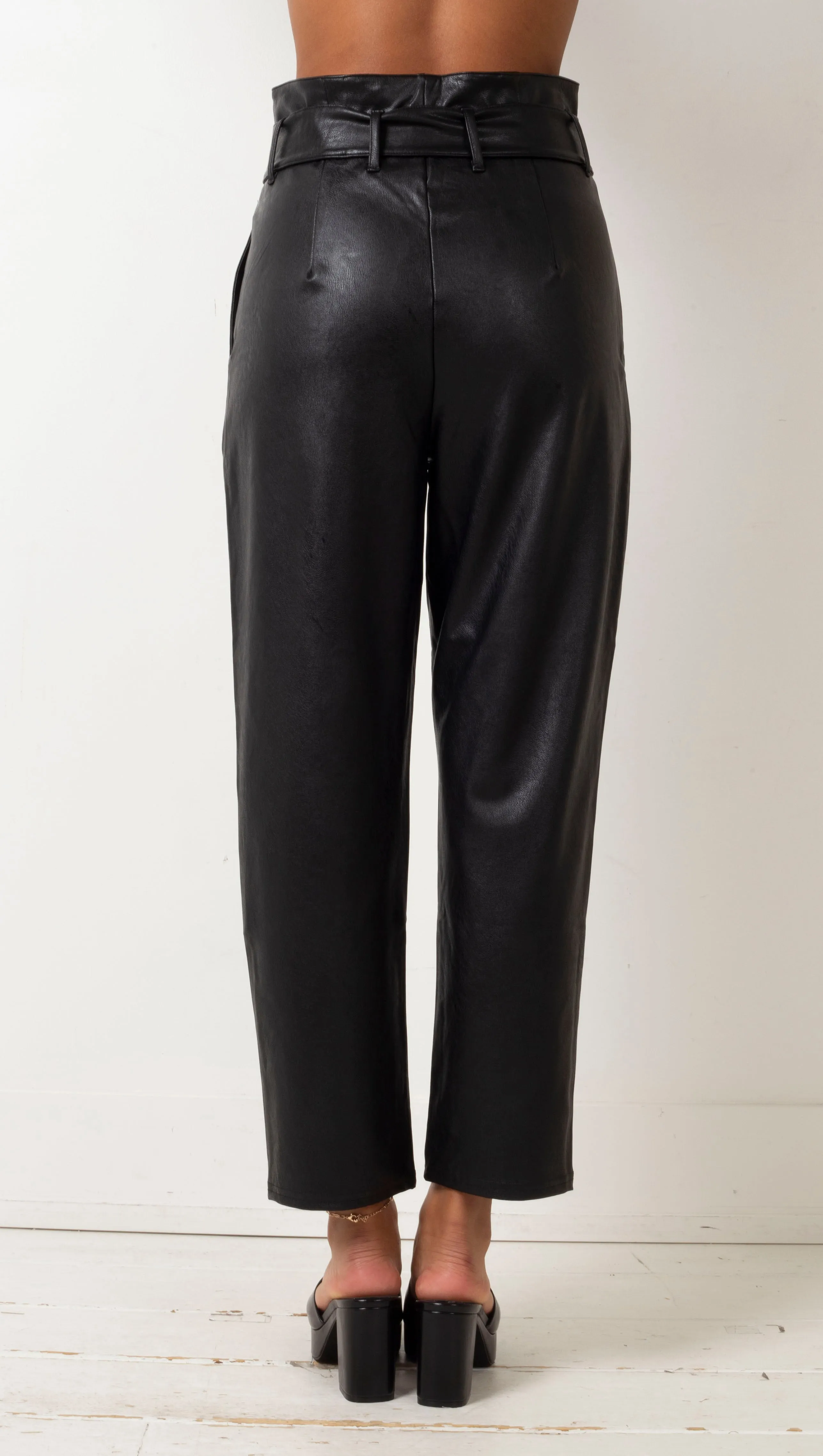 Faux Leather Paperbag Pant - Black