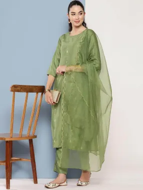 Green Chinon Solid Kurta with Pant and Dupatta