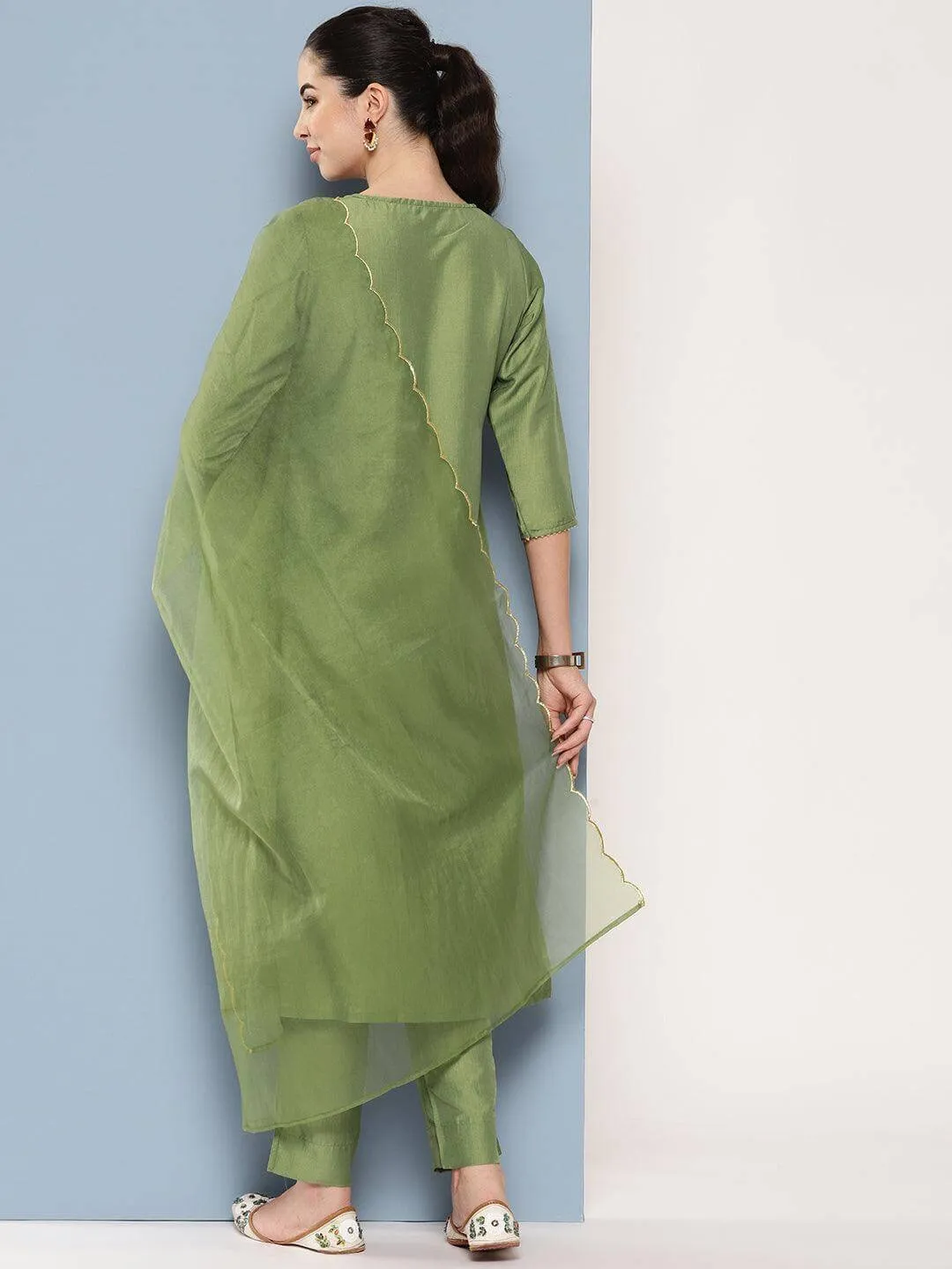 Green Chinon Solid Kurta with Pant and Dupatta