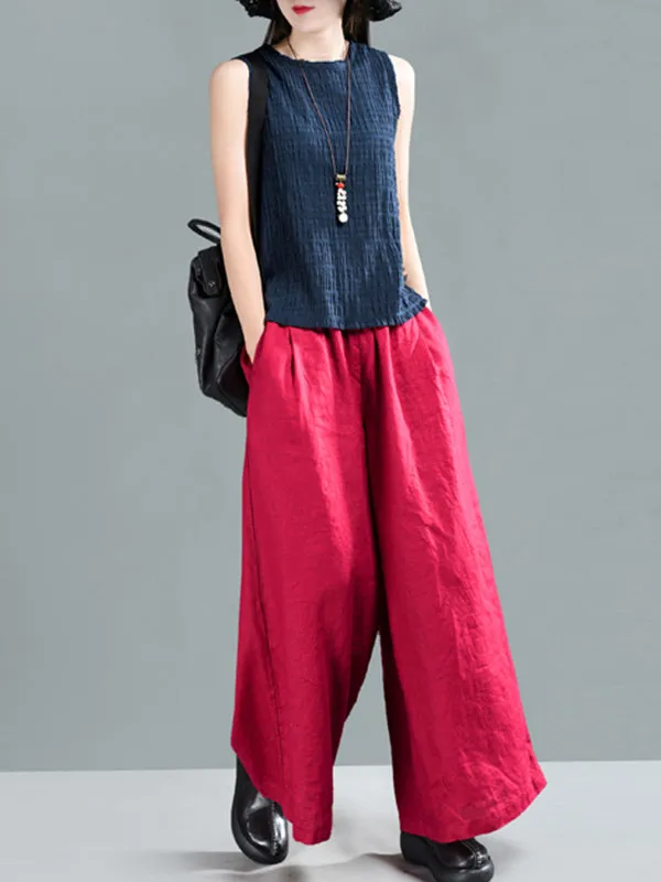 Harriett Vintage Casual Elastic-waist Linen Wide Leg Pants with Pockets