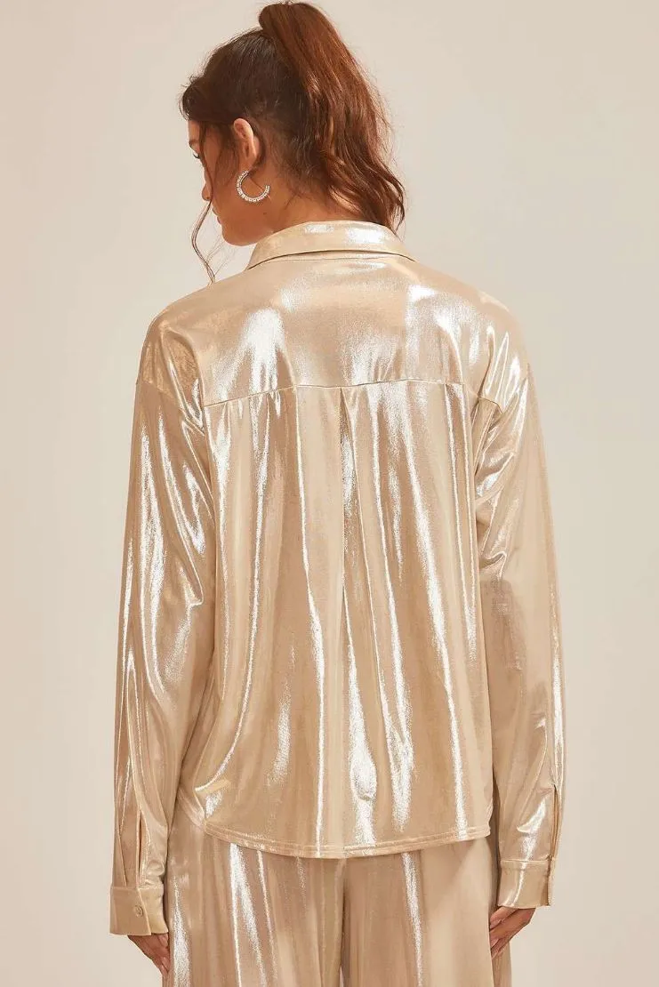 Hera Liquid Champagne Metallic Trousers and Button Up (Sold Separately)