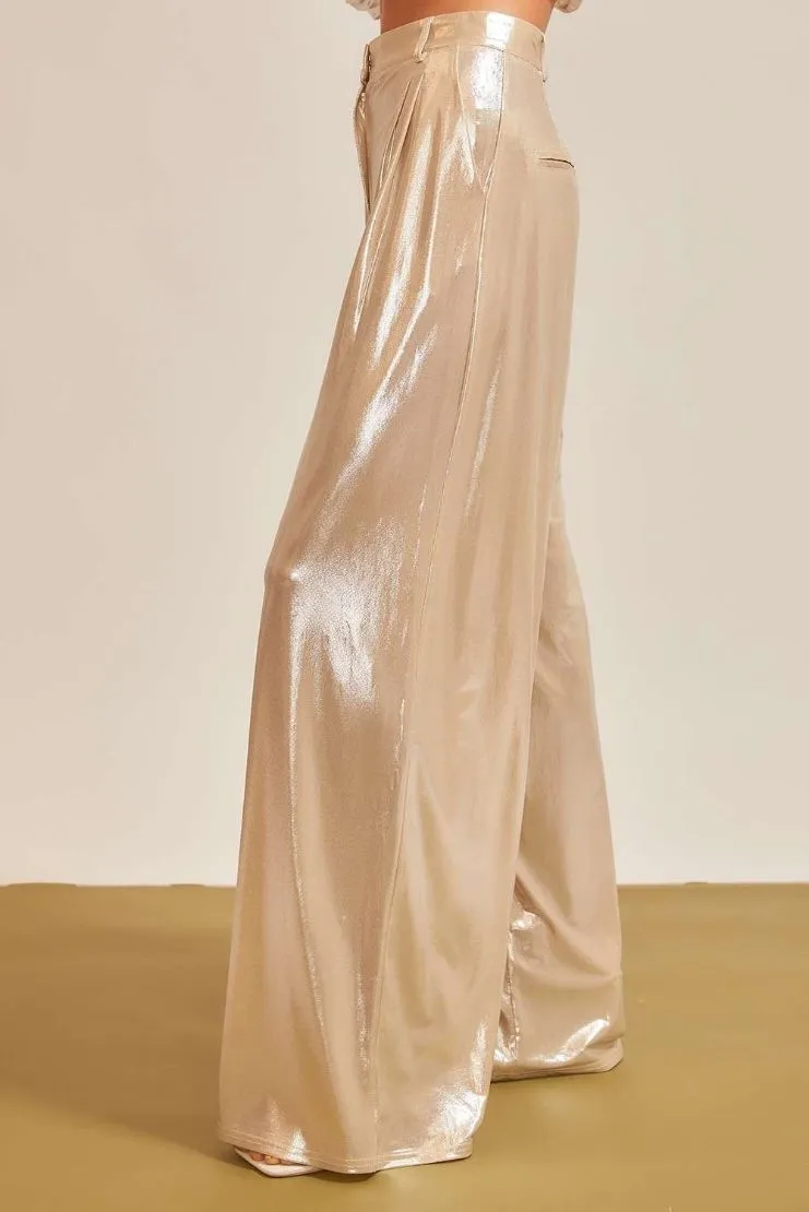 Hera Liquid Champagne Metallic Trousers and Button Up (Sold Separately)