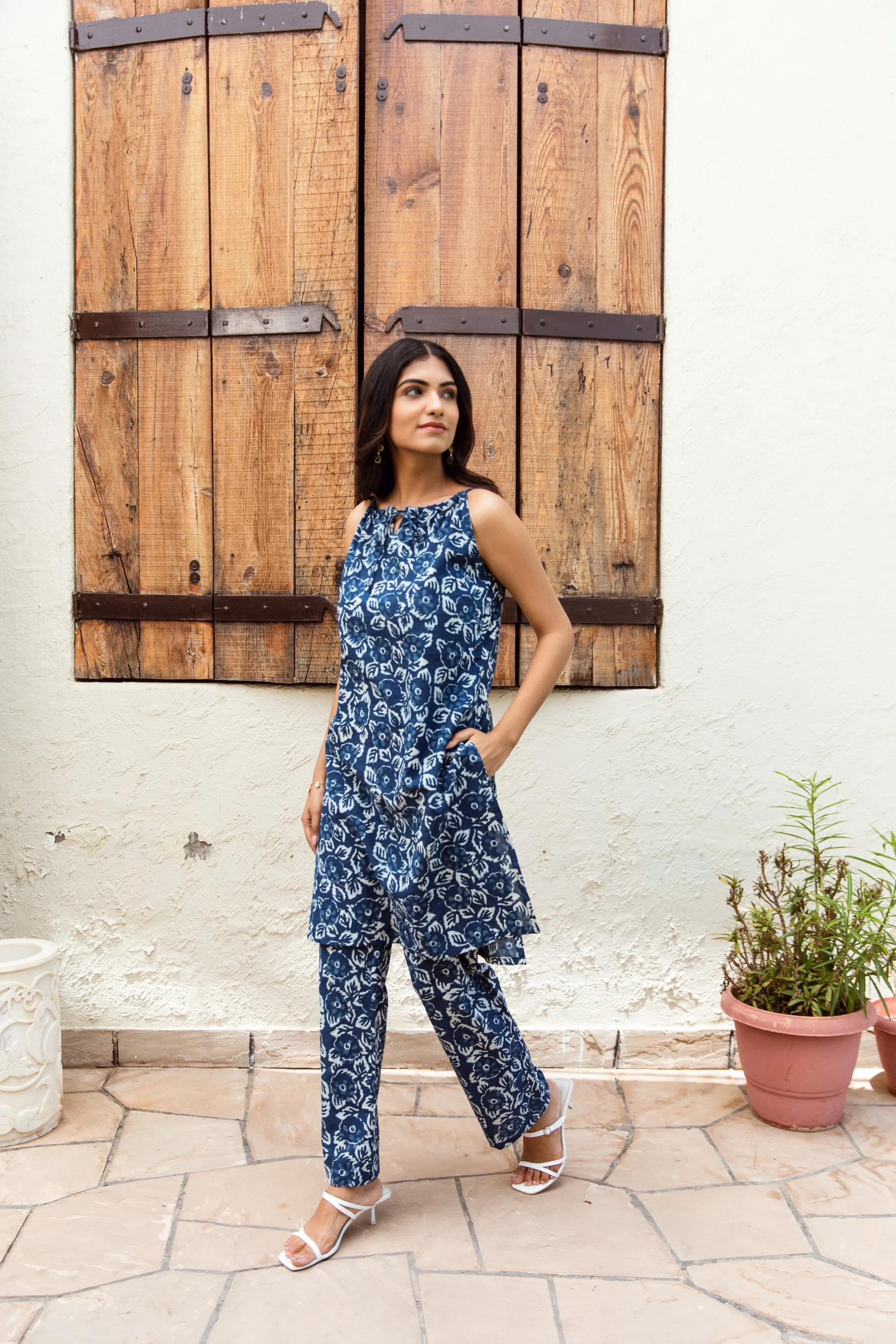 Indigo floral jaal print handblock cotton co-ord set