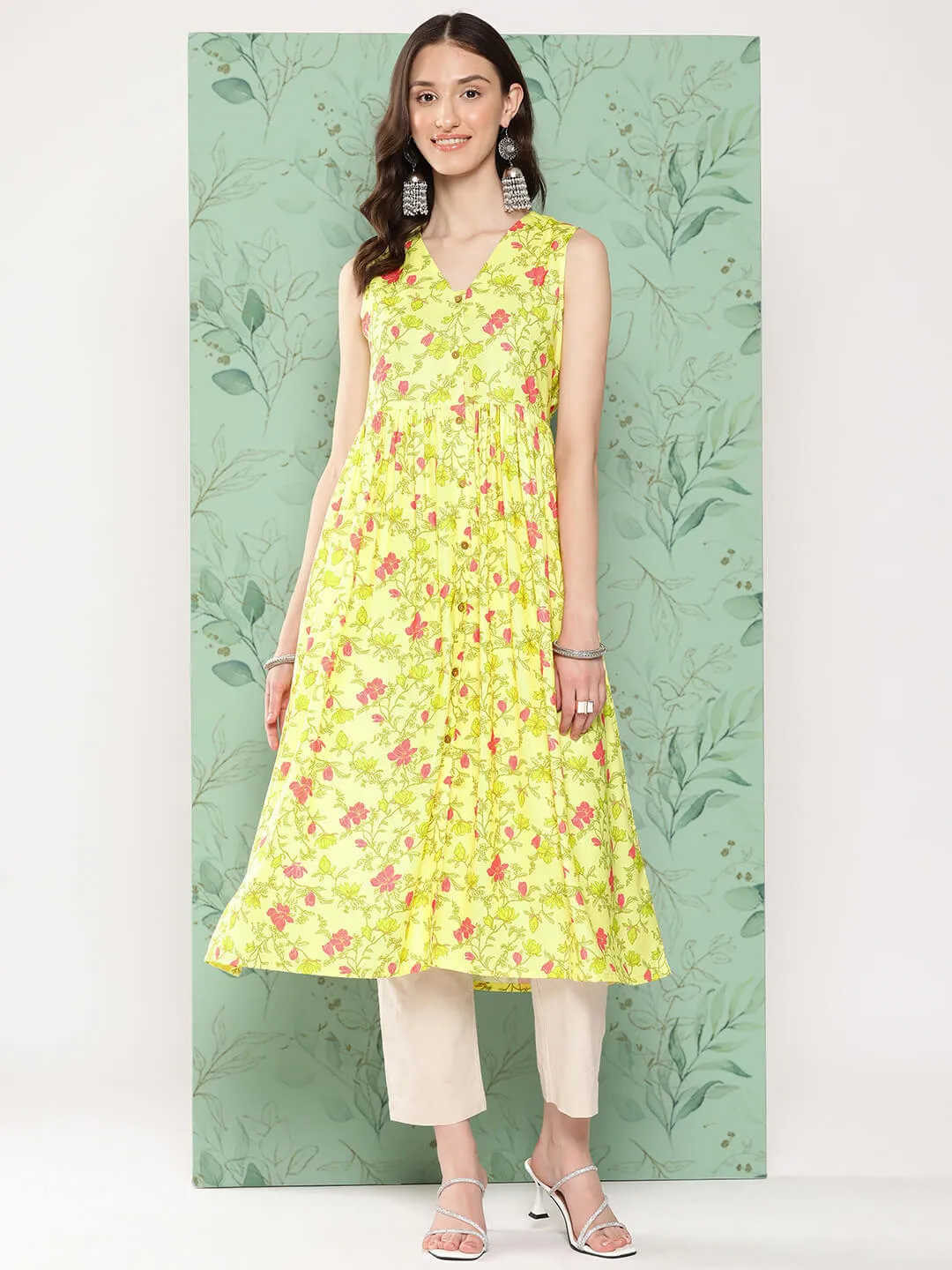 Lemon Yellow Moss Digital Floral Printed Gathered Kurta