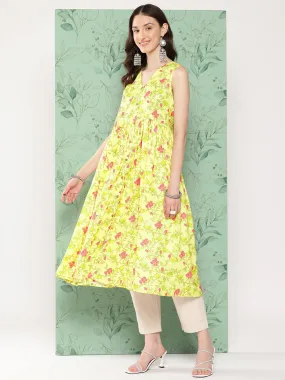 Lemon Yellow Moss Digital Floral Printed Gathered Kurta