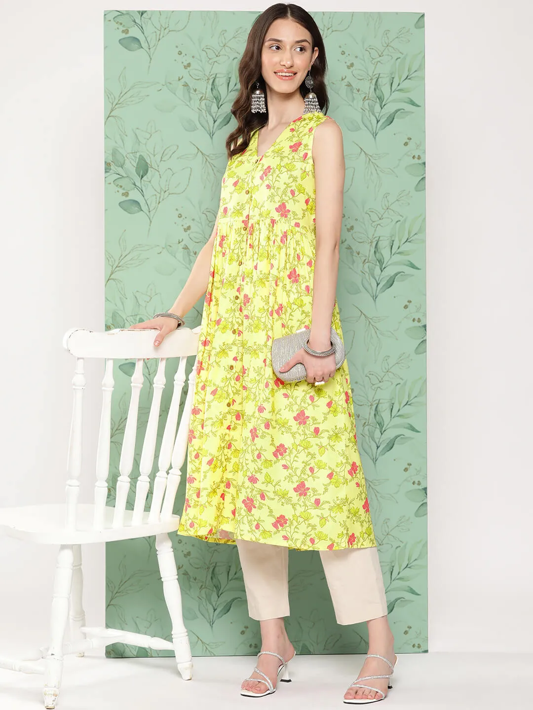 Lemon Yellow Moss Digital Floral Printed Gathered Kurta