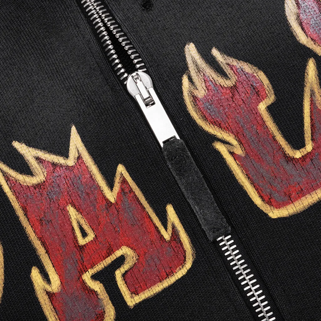 Logo Flames Zipped Vintage Hoodie - Black/Red