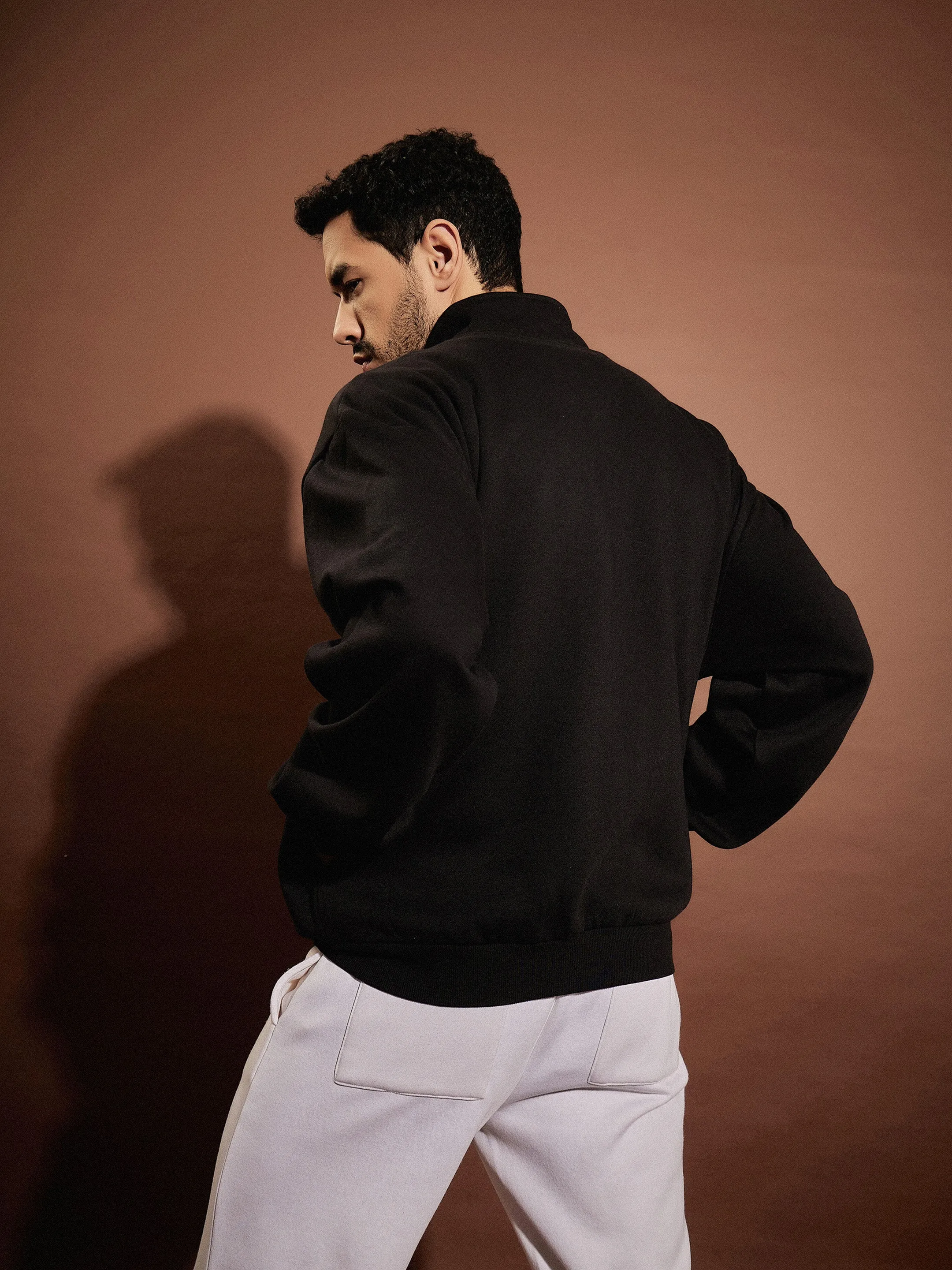 Men Black Front Zipper Oversized Sweatshirt