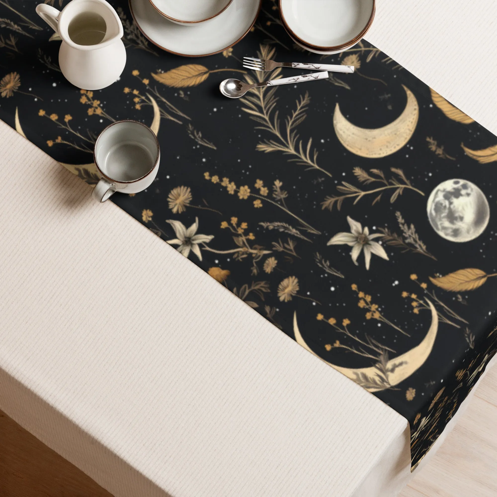 Moonlit Botanica Table Runner - Botanical Dinner Table Setup - Gothic Witchy Kitchen - Dark Academia Home Decor