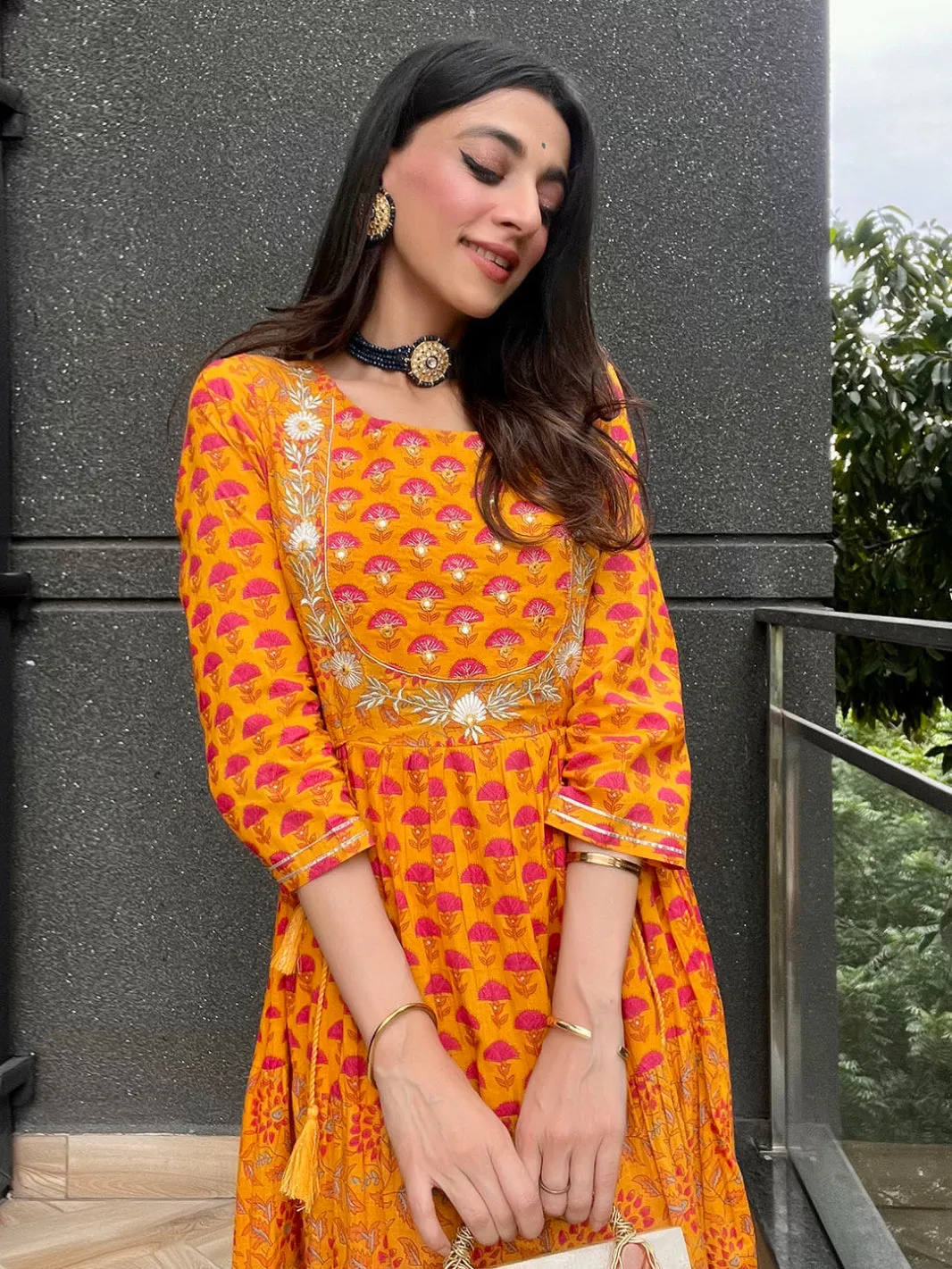 Mustard Cotton Floral Print Flared Dress