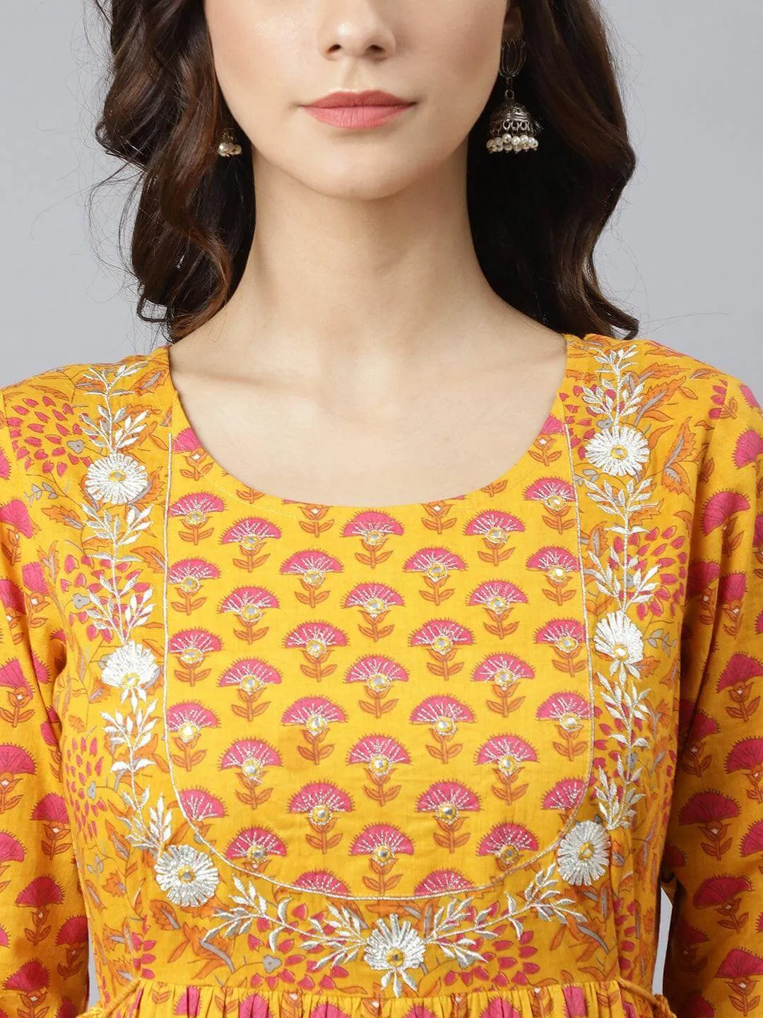 Mustard Cotton Floral Print Flared Dress