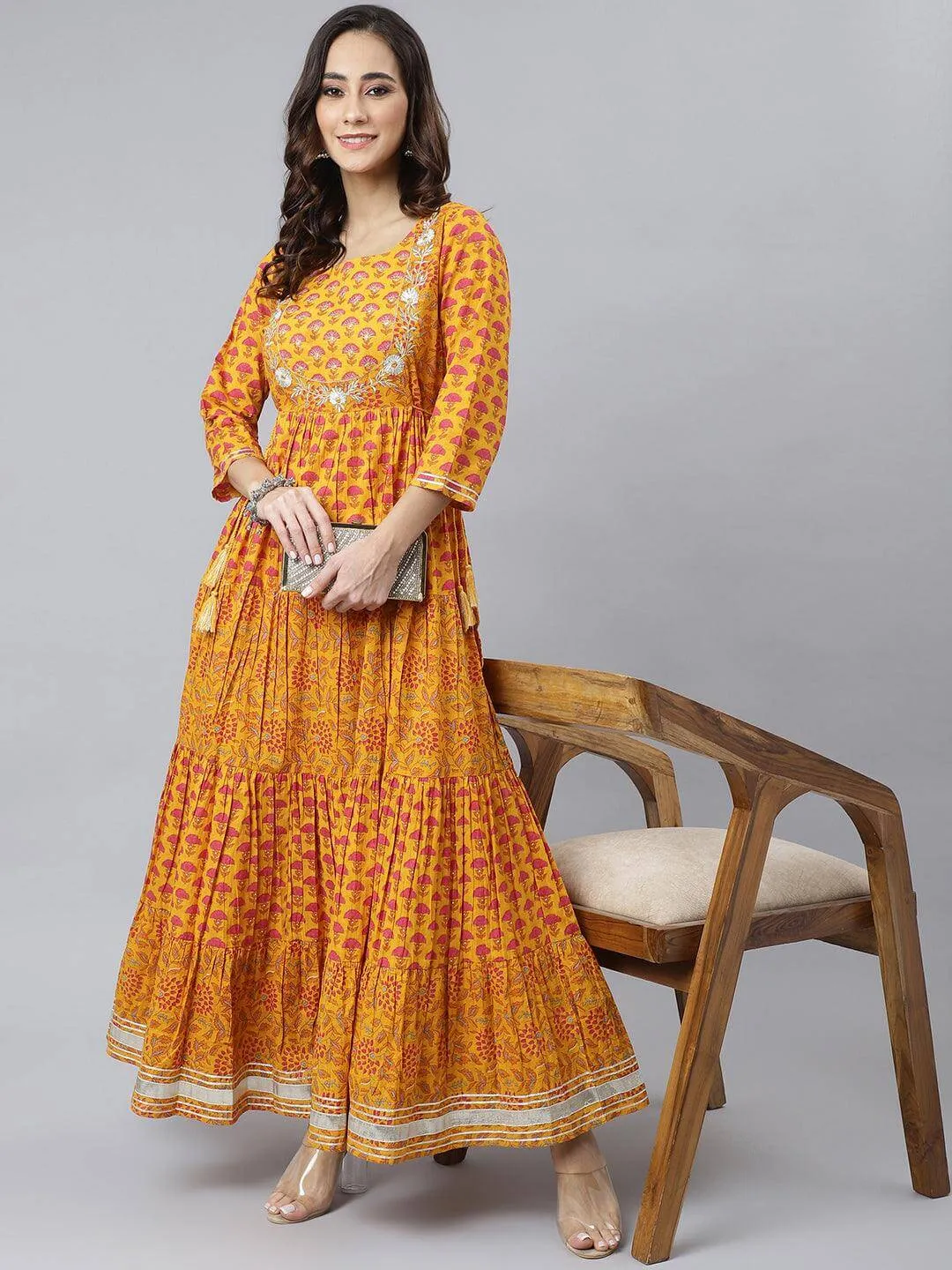 Mustard Cotton Floral Print Flared Dress